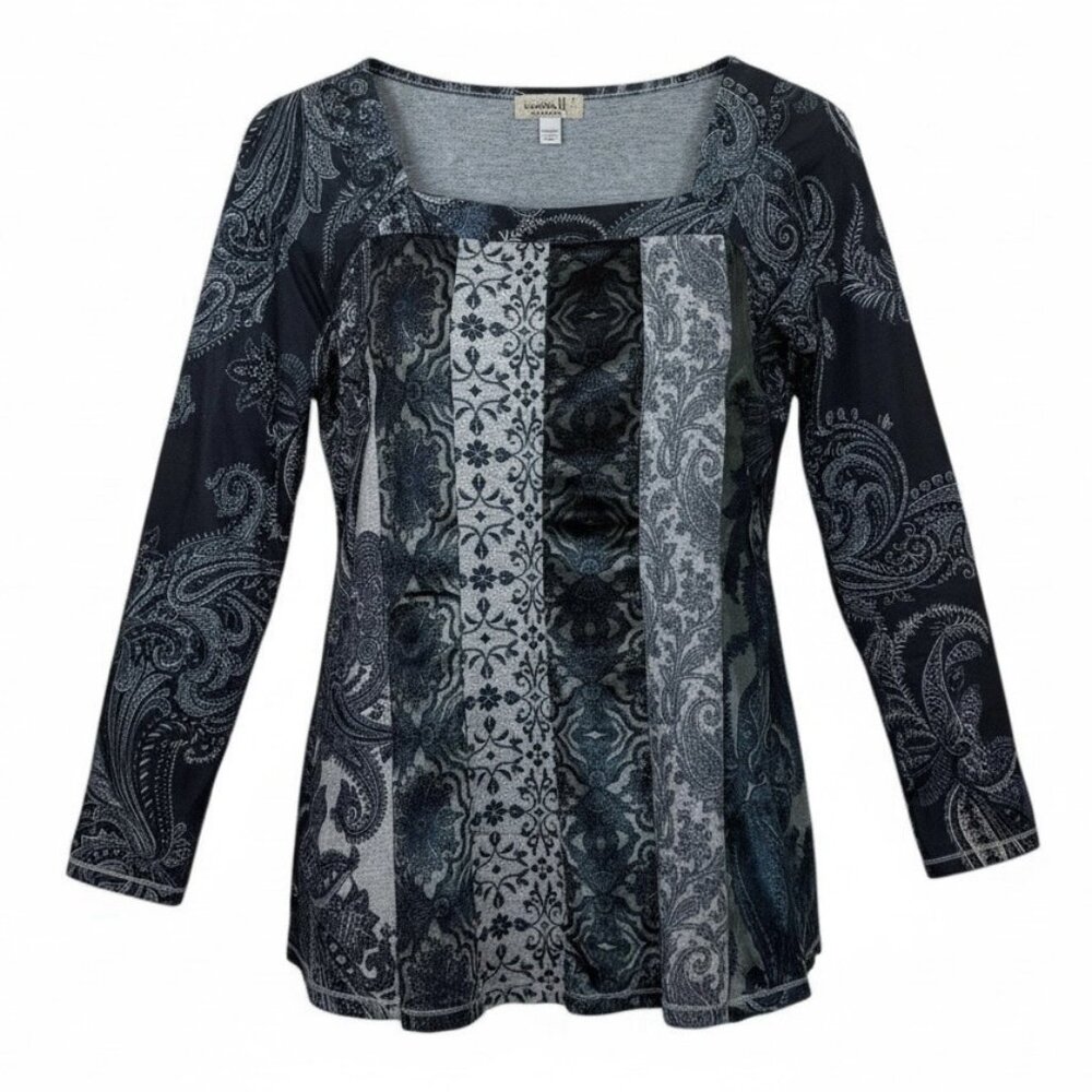 One World Blouse Sz Small Brushed Knit Velour Paisley Navy Charcoal Square Neck